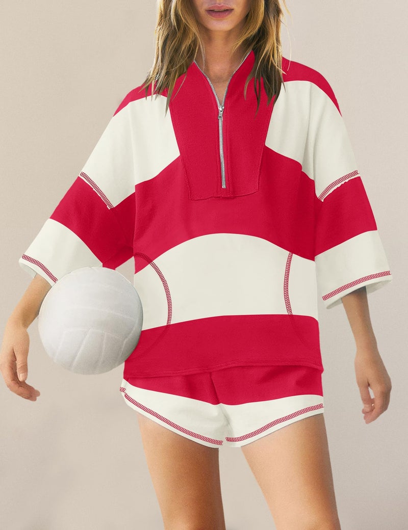 Panadila Women Striped Workout Set Two Piece Outfit Tracksuit Oversized Lounge Set Top and Shorts Sets with Pockets(Red White Combo,L) - Image 2