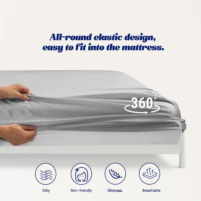 MR&HM MR&HM Satin Fitted Sheet King Size  Silky Bottom Sheet with Elastic Corner Straps  Deep Pocket up to 15 Inch  No More Slipping Off for Mattress - 1 Fitted Sheet Only (Silver Grey)  - Image 5