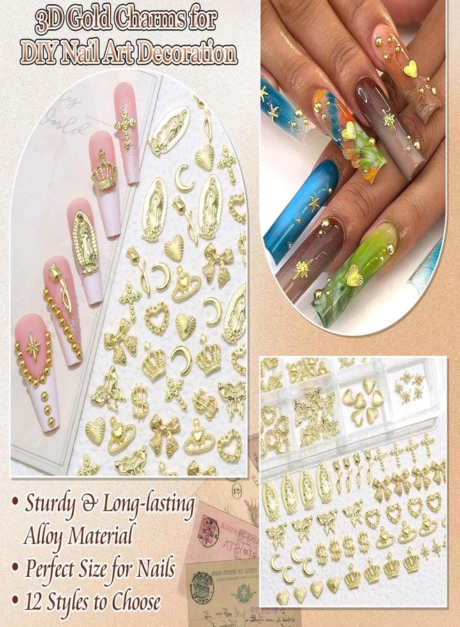 BELICEY 120Pcs 3D Gold Nail Charms, 12Styles Alloy Cross Rose Heart Nail Art Charms, Golden Crown Virgin Mary Charms for Acrylic Nails, Mix Shiny Nail Jewelry for Nails Design Manicure Crafts - Image 3