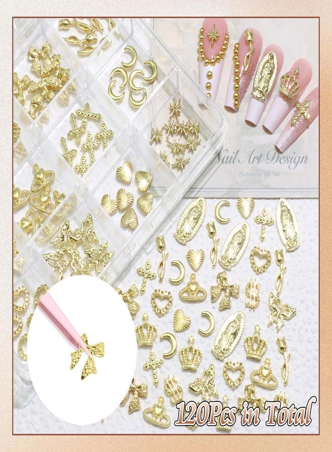 BELICEY 120Pcs 3D Gold Nail Charms, 12Styles Alloy Cross Rose Heart Nail Art Charms, Golden Crown Virgin Mary Charms for Acrylic Nails, Mix Shiny Nail Jewelry for Nails Design Manicure Crafts - Image 4