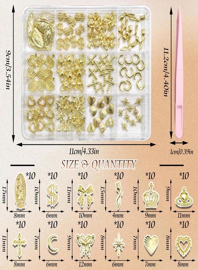 BELICEY 120Pcs 3D Gold Nail Charms, 12Styles Alloy Cross Rose Heart Nail Art Charms, Golden Crown Virgin Mary Charms for Acrylic Nails, Mix Shiny Nail Jewelry for Nails Design Manicure Crafts - Image 2