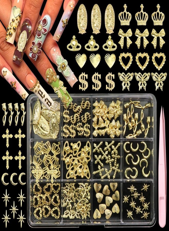 BELICEY 120Pcs 3D Gold Nail Charms, 12Styles Alloy Cross Rose Heart Nail Art Charms, Golden Crown Virgin Mary Charms for Acrylic Nails, Mix Shiny Nail Jewelry for Nails Design Manicure Crafts - Image 1