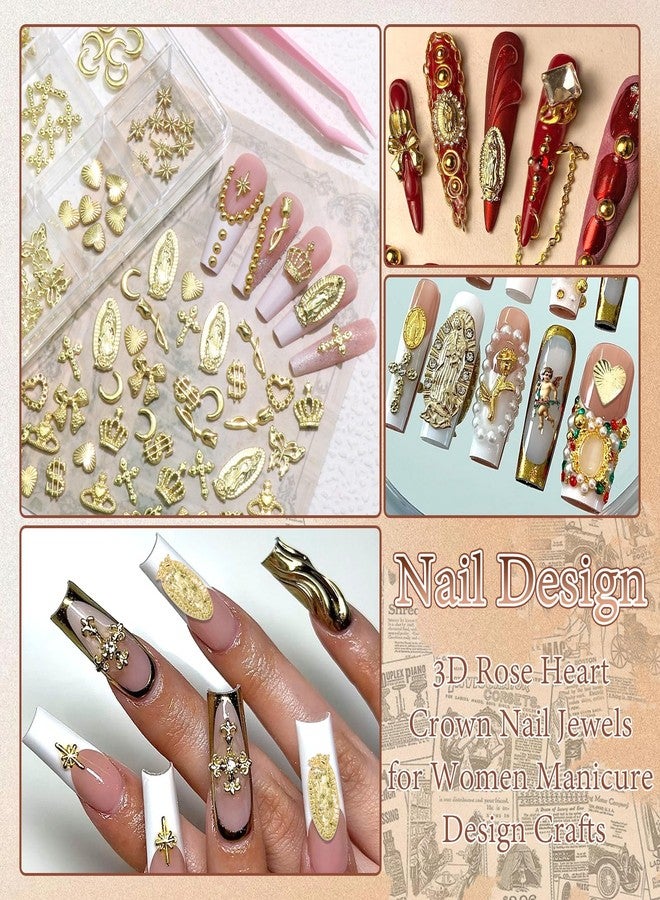 BELICEY 120Pcs 3D Gold Nail Charms, 12Styles Alloy Cross Rose Heart Nail Art Charms, Golden Crown Virgin Mary Charms for Acrylic Nails, Mix Shiny Nail Jewelry for Nails Design Manicure Crafts - Image 5