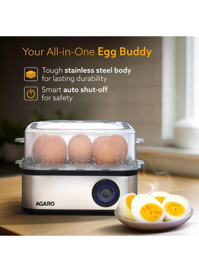 AGARO Grand Egg Boiler And Poacher,2-in1 Boils 8 Eggs, Poach 4 Eggs, Steamed Vegetables, 3 Boiling Modes, Stainless Steel Body, Transparent Lid, 500W, Silver  - Image 2