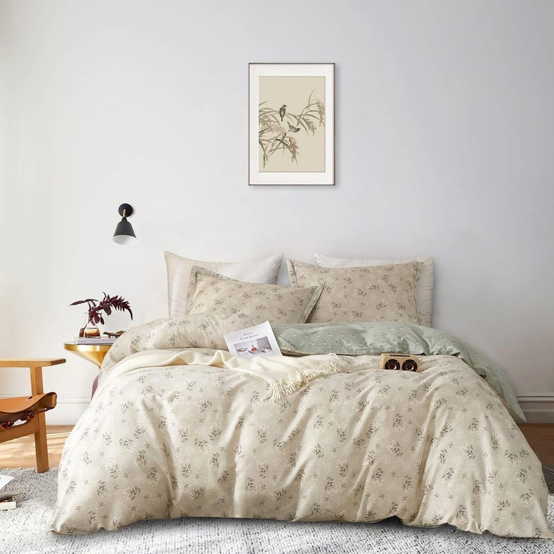 غطاء لحاف توأم XL من AMWAN بتصميم بوهو مزهر من القطن مع مجموعة أغطية سرير جمالية باللون البيج مع إغلاق بسحاب و4 روابط