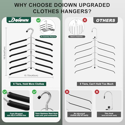 DOIOWN Space Saving 6 Tier Coat Hangers - Non Slip Foam Padded, Black Metal Sweater & T Shirt Hangers for Men & Women, 2 Pack Closet Organizers - Image 3