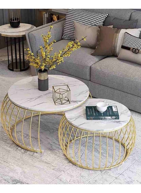 ترابيزه وسط متداخله هيكل ستيل ذهبى سطح رخام ابيض