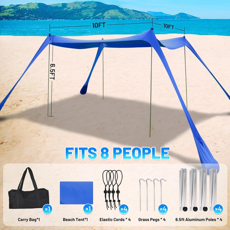 BOTINDO Family Beach Tent Canopy Sun Shade, Pop Up Grande Beach Tent Sun Shelter Stability 4 Poles with Portable Carry Bag Outdoor Shade for Fishing Backyard Camping (Blue, 10x10FT 4Pole) - Image 2