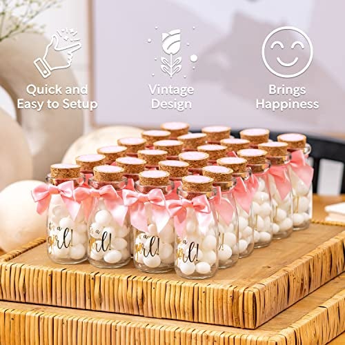 Ethisa Vintage 12 Pack It's a Girl Milk Glass Bottles with Ribbons and Stickers - Classy Baby Shower Favors for Guests and Table Centerpieces - Gender Reveal Girl Decorations - Baby Shower Candy Jar - Image 4