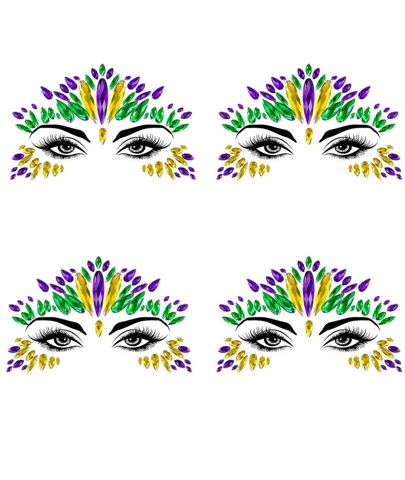 Wehhbtye 4 Set Mardi Gras Face Jewels Stickers, Self-Adhesive Mardi Gras Eye Gems Sticker, Glitter Face Crystals Decoration for Women Party Costume Cosplay Makeup Dress-up Decor - Image 1