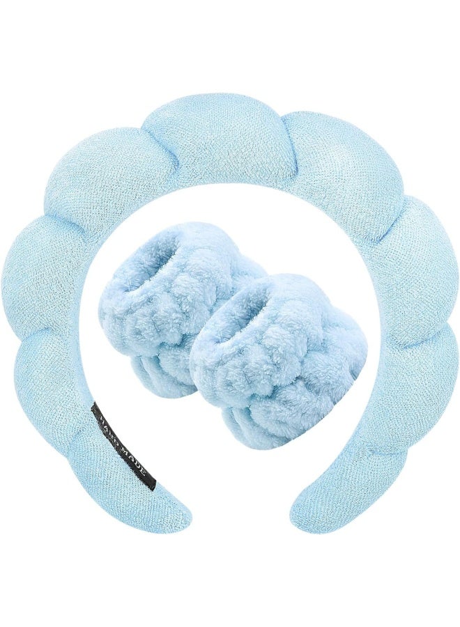 Premify Spa Sponge Headbands & 2 Wristbands Set For Women & Girls, Makeup Removal Headband & Terry Towel Cloth Fabric Hair Band For Washing Face, Skincare (Blue) - Image 1