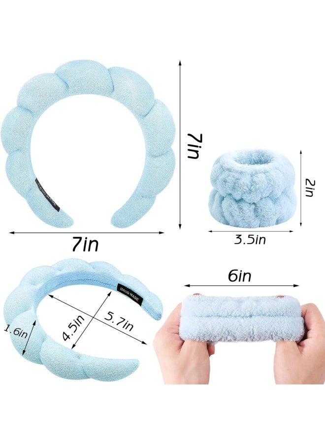 Premify Spa Sponge Headbands & 2 Wristbands Set For Women & Girls, Makeup Removal Headband & Terry Towel Cloth Fabric Hair Band For Washing Face, Skincare (Blue) - Image 2