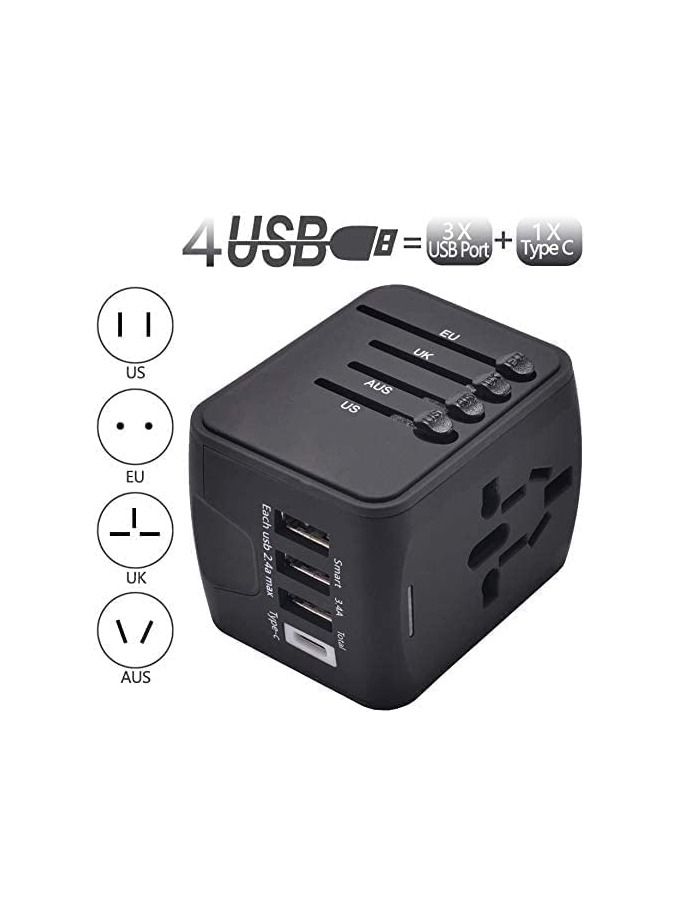 Universal International Travel Power Adapter with 3 USB + 1 Type C Charging Ports, European Adapter, Worldwide AC Outlet Plugs Adapters for Europe, UK, US, AU - Image 2