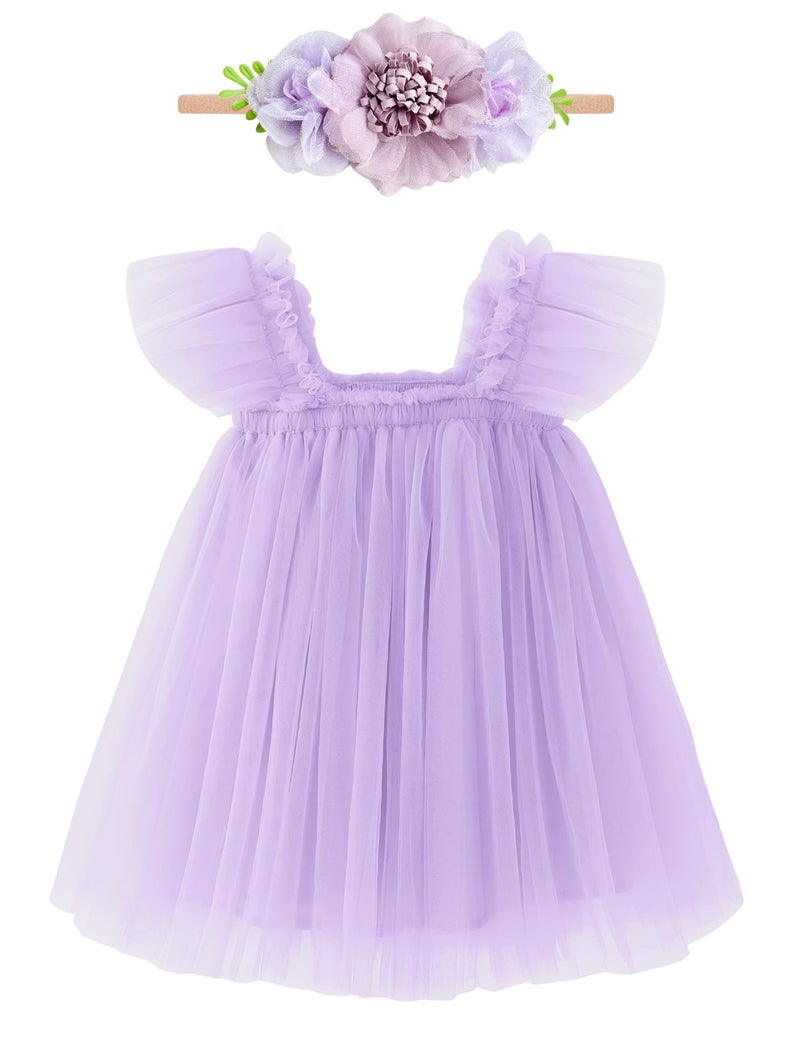 ANHDM Baby Girl First Birthday Outfit Cake Smash Short Sleeve Tulle Dresses 1st Birthday Dress with Flower Headband, Violet, 12 Months=Tag 90 - Image 1