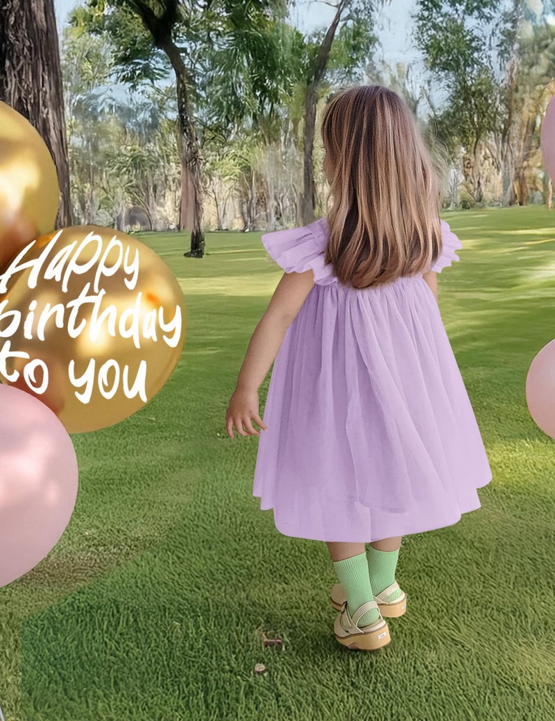 ANHDM Baby Girl First Birthday Outfit Cake Smash Short Sleeve Tulle Dresses 1st Birthday Dress with Flower Headband, Violet, 12 Months=Tag 90 - Image 3