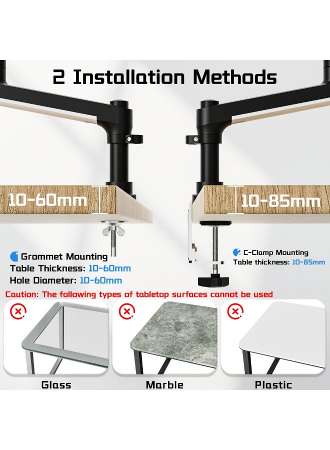 ETHU 2-14KG Heavy Duty Monitor Mount with Extension Arm, Height Adjustment & Tilt Gas Spring Monitor Stand, VESA 75x75/100x100 Desk Mount with Dual Installation Options for 17-40 inch Screens, Black & White - Image 5