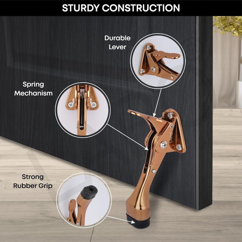 LAPO Lapo 5 Inches Kickdown Door Stopper Adjustable Height Slip Resistant Wooden Metal Door Stop Rubber Scratch Free Door Stop Heavy Duty Hinge Easy to Set Down Up 138Cm Rose Gold Finish  - Image 2