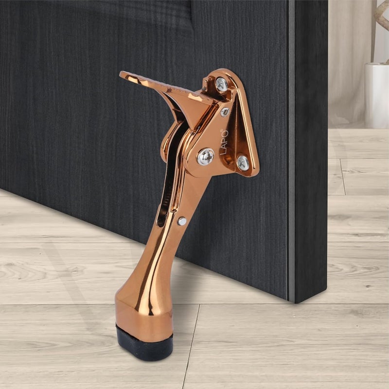 LAPO Lapo 5 Inches Kickdown Door Stopper Adjustable Height Slip Resistant Wooden Metal Door Stop Rubber Scratch Free Door Stop Heavy Duty Hinge Easy to Set Down Up 138Cm Rose Gold Finish  - Image 1