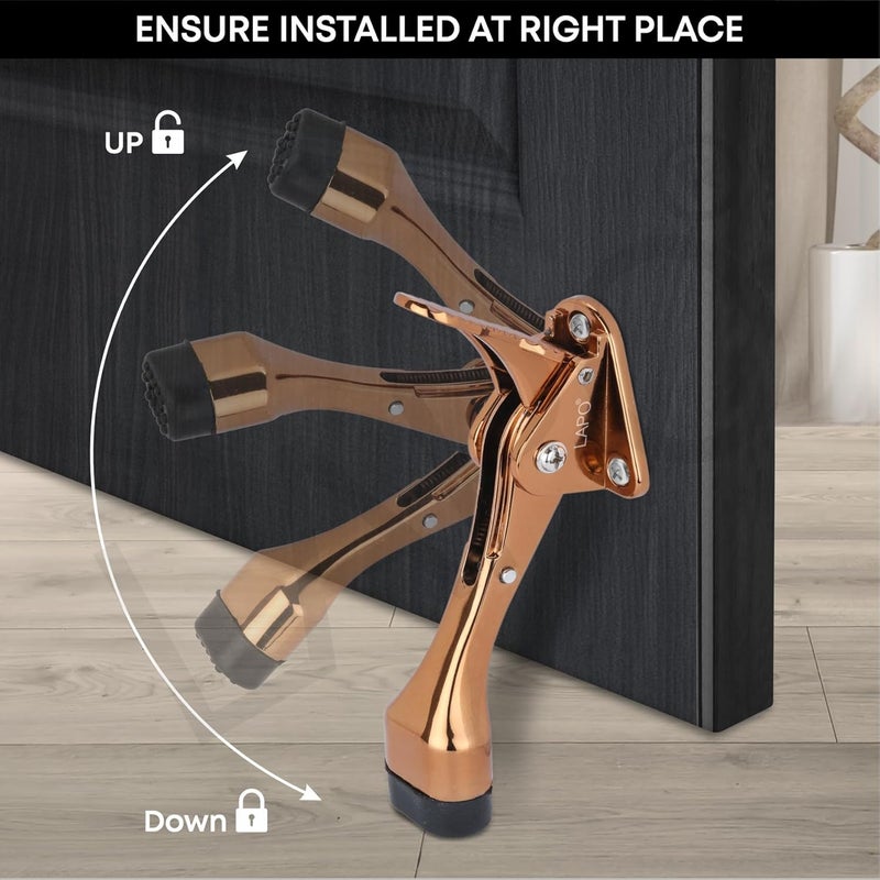 LAPO Lapo 5 Inches Kickdown Door Stopper Adjustable Height Slip Resistant Wooden Metal Door Stop Rubber Scratch Free Door Stop Heavy Duty Hinge Easy to Set Down Up 138Cm Rose Gold Finish  - Image 5