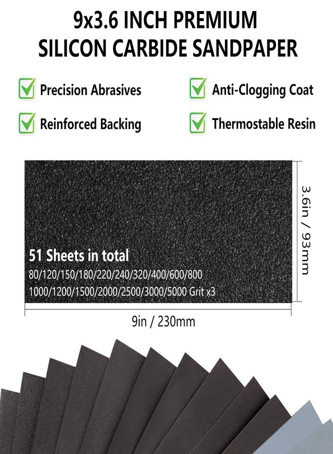 Shineboc Waterproof Sandpaper 51 Sheets 3.66 X9.05 Inches 、Assorted Grit Dry Wet Abrasive Sandpaper 80 to 220 to 5000 Sand Paper Assortment Pack for Furniture Sanding and Metal Sanding(51 Sheets) - Image 2