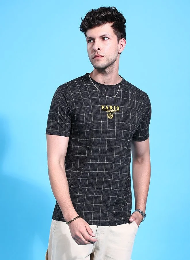 The Indian Garage Co Men Slim Fit Checked Round Neck Tshirt