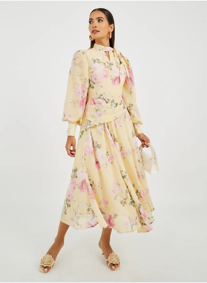 Styli Floral Print Balloon Sleeves A-Line Midi Dress