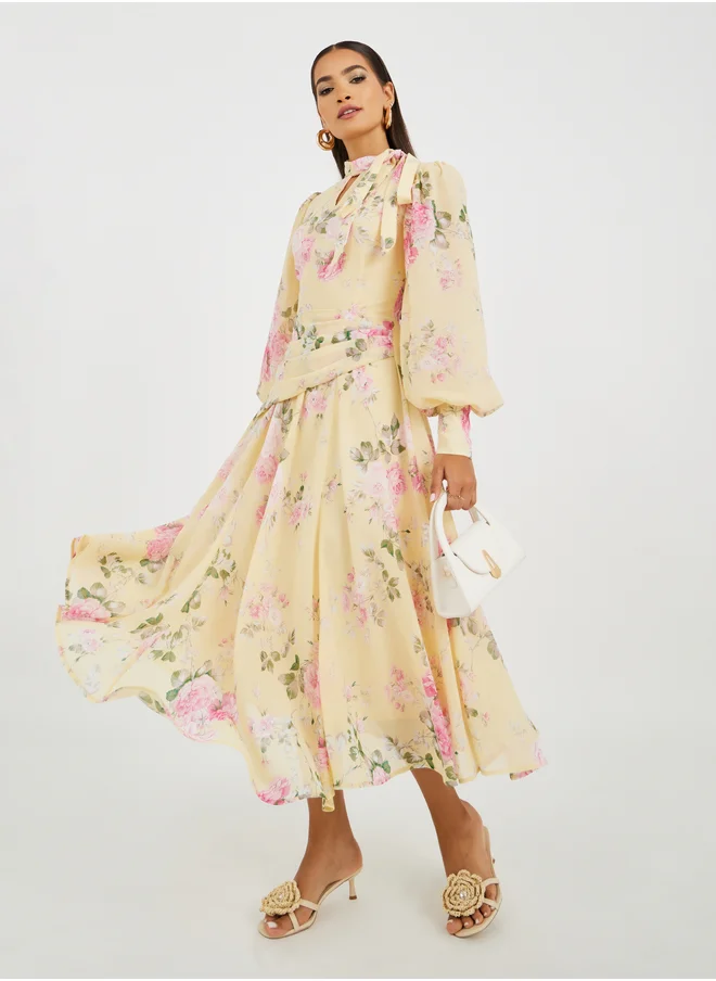 Styli Floral Print Balloon Sleeves A-Line Midi Dress