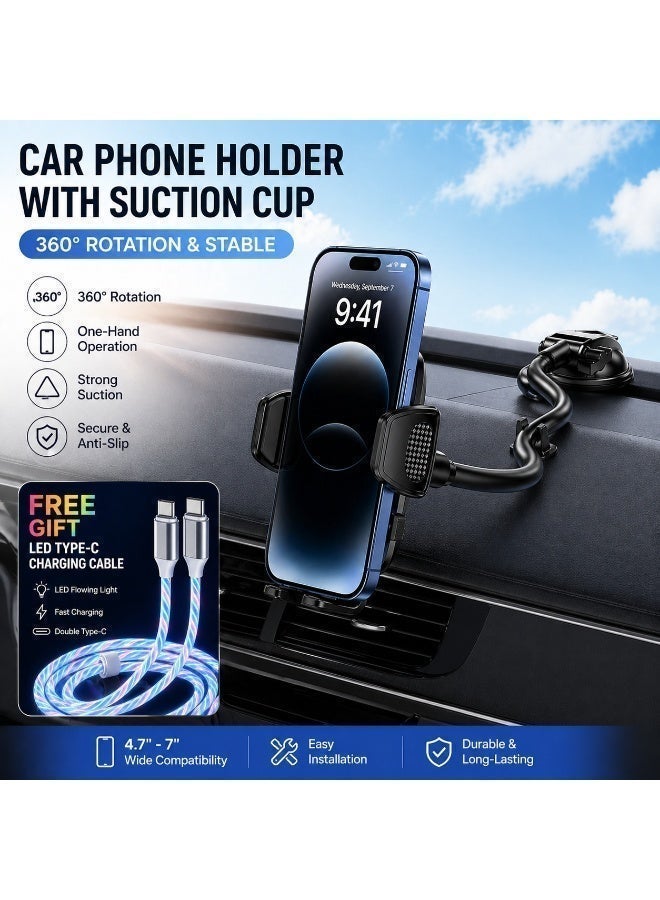 360° Rotatable Car Phone Holder with Strong Suction Cup, One-Hand Operation Dashboard Mount, Anti-Slip Secure Grip, Universal 4.7-7 Inch Compatible + Free LED Type-C Cable - Image 2