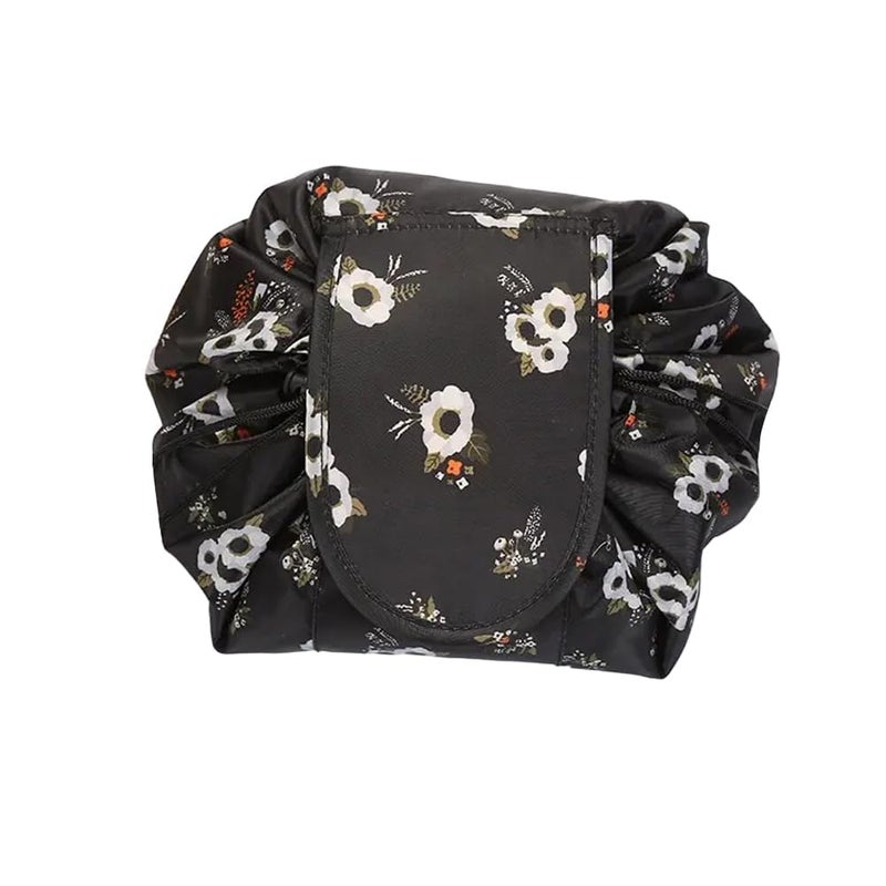 Nirvik Women’s Portable Waterproof Cosmetic Bag | Lazy Travel Makeup Organizer with Drawstring, Compact & Multi-Pocket Toiletry Bag, Versatile Storage for Makeup & Travel (Black Floral Bag) - Image 1