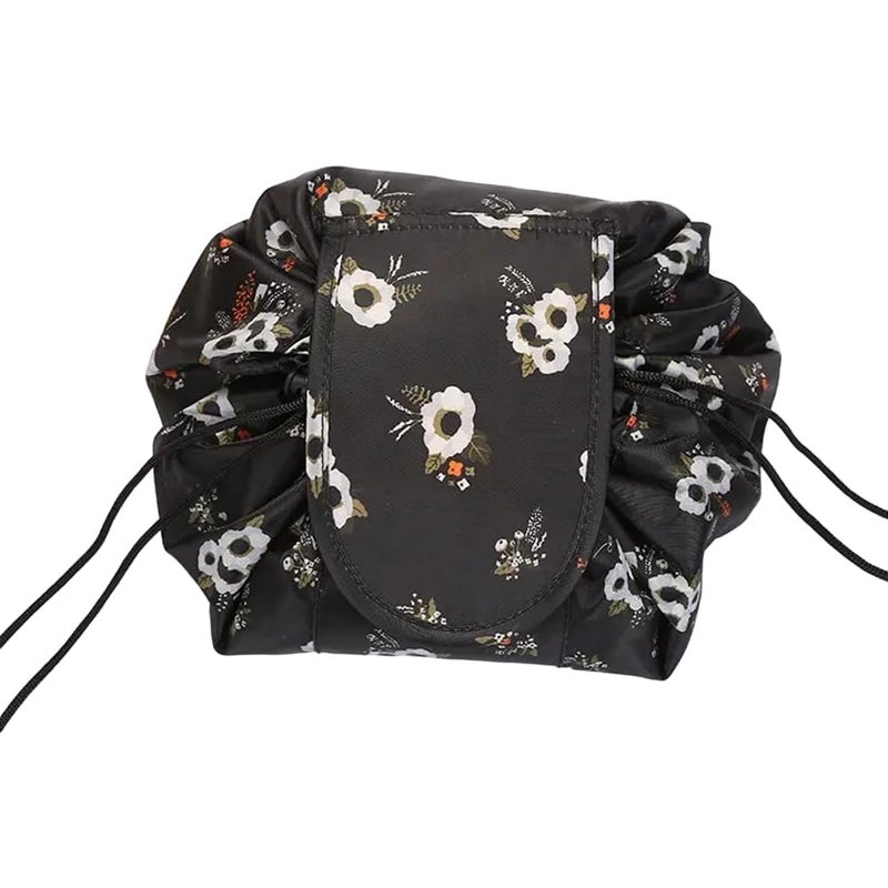 Nirvik Women’s Portable Waterproof Cosmetic Bag | Lazy Travel Makeup Organizer with Drawstring, Compact & Multi-Pocket Toiletry Bag, Versatile Storage for Makeup & Travel (Black Floral Bag) - Image 3