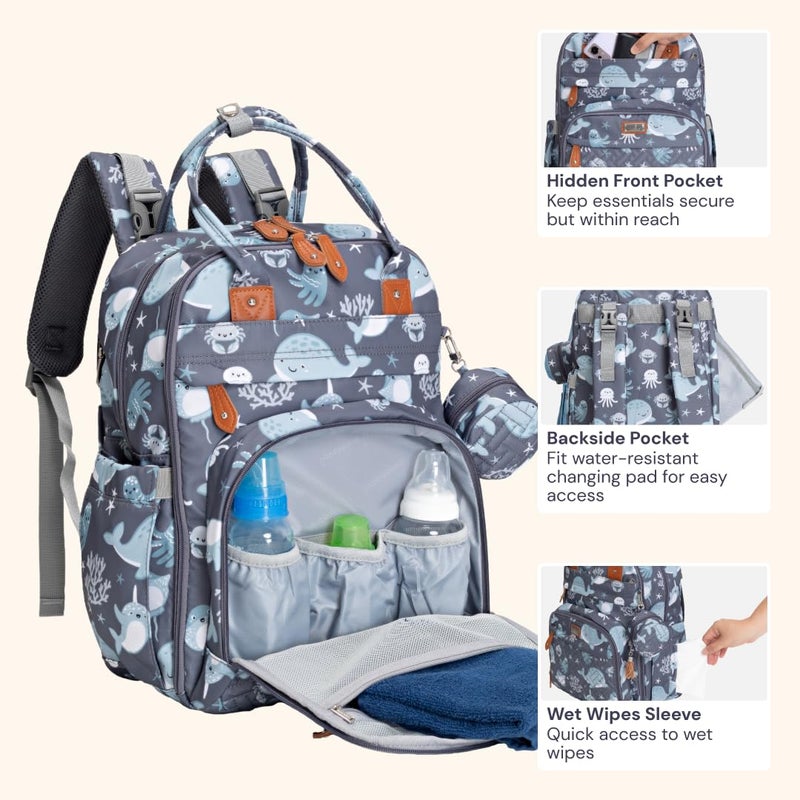 BabbleRoo Diaper Bag Backpack - Baby Essentials Travel Tote - Multi Function Water Resistant Diaper Bag, Travel Essentials Baby Bag with Changing Pad, Stroller Straps & Pacifier Case - Sea Animals - Image 5