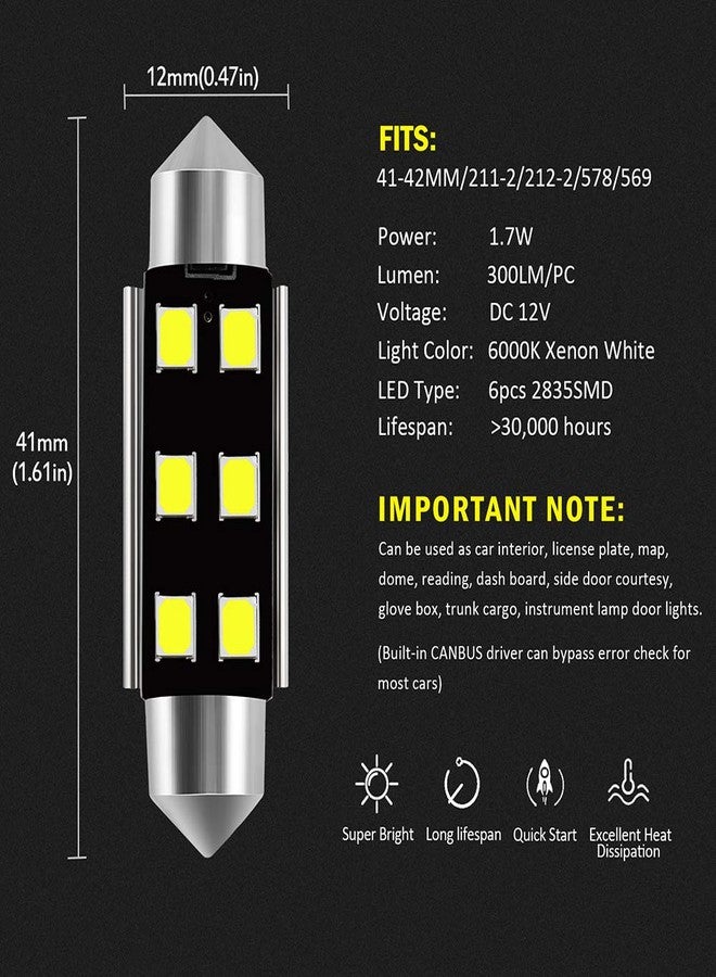 AUXLIGHT مصابيح إضاءة داخلية LED من AUXLIGHT 211-2 212-2 578 569 214-2، مقاس 41 مم (1.61 بوصة)، خالية من أخطاء نظام Canbus، لون أبيض زينون 6000 كلفن، فائقة السطوع، مزودة بـ 6 رقائق SMD، مناسبة لإضاءة السقف، وإضاءة الخرائط، وإضاءة الأبواب، وإضاءة لوحة الترخيص (عبوة من 6 مصابيح). - Image 3