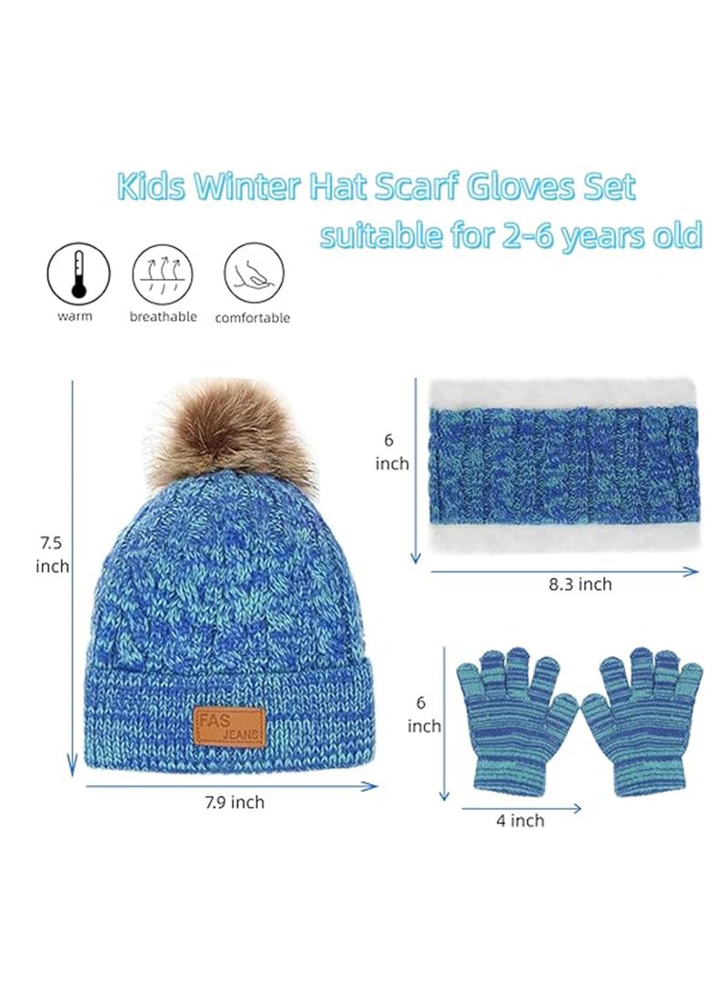 SYOSI - Kids Winter Beanie Hat Scarf Gloves Set for 2-6 Years Old, Toddler Winter Knit Hat Gloves Neck Warmer with Fleece Lined, Blue - Image 1