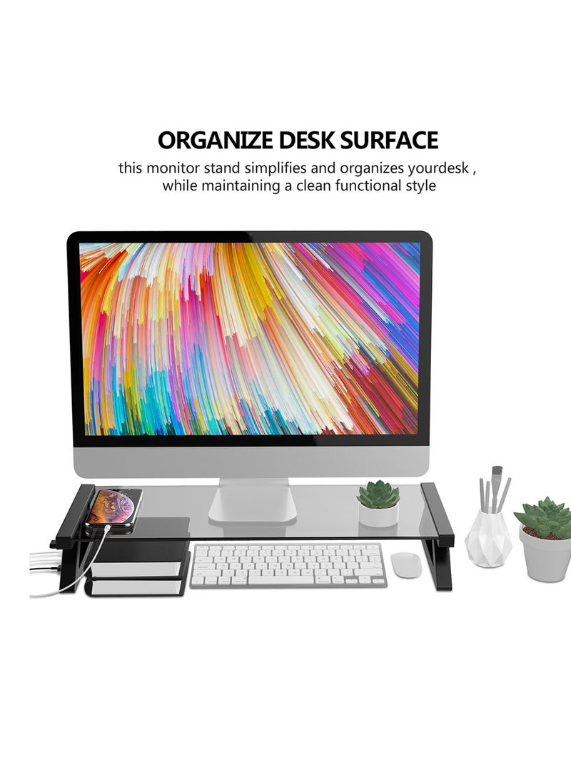 FlashHawk Computer Monitor Stand with USB Hub, Clear Tempered Glass Monitor Riser with 3-in-1 USB Docking for Desktop PC/iMac/MacBook/Printer  - Image 3