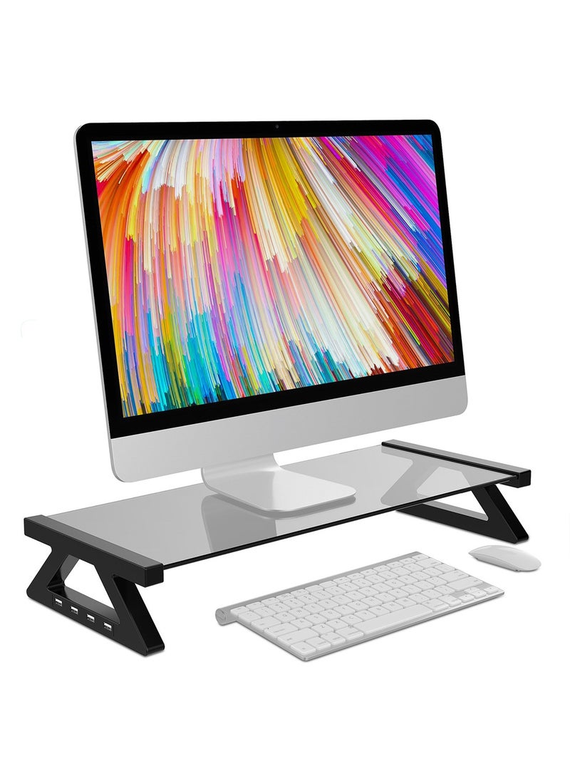 FlashHawk Computer Monitor Stand with USB Hub, Clear Tempered Glass Monitor Riser with 3-in-1 USB Docking for Desktop PC/iMac/MacBook/Printer  - Image 1