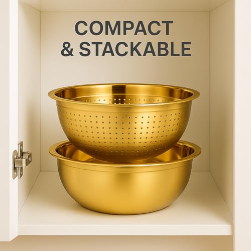 Alark Golden Stainless Steel Microporous Colander with Handle & Mixing Bowl | Fine Mesh Rice Washer & Kitchen Strainer for Rice, Pasta, Vegetables, Fruits | Heavy Duty, Rustproof, Dishwasher Safe - Image 2