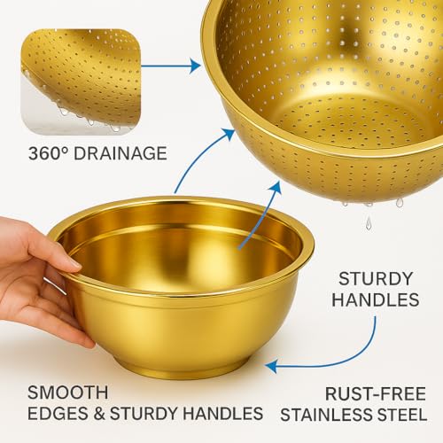 Alark Golden Stainless Steel Microporous Colander with Handle & Mixing Bowl | Fine Mesh Rice Washer & Kitchen Strainer for Rice, Pasta, Vegetables, Fruits | Heavy Duty, Rustproof, Dishwasher Safe - Image 3
