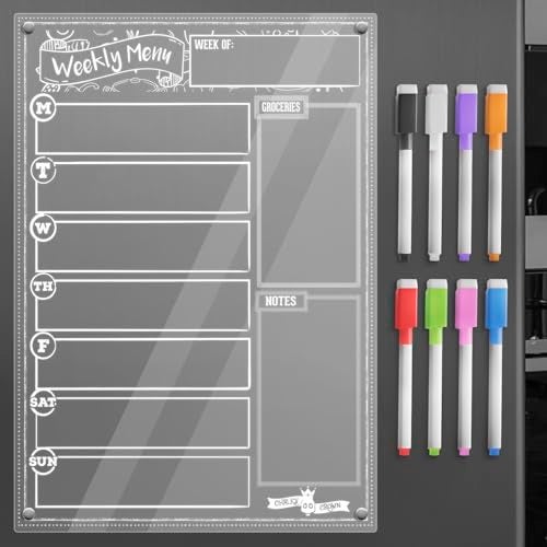 CHALKY CROWN Acrylic Magnetic Weekly Planner for Fridge - Menu Board for Kitchen with 8 Magnetic Markers - Weekly Meal Planner for Fridge with Grocery List & Notepad - Menu Planner (14.5x10.2) - Image 1
