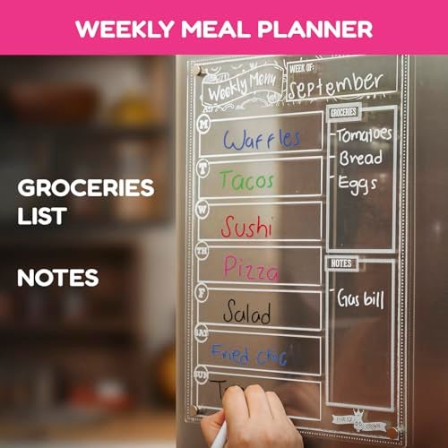 CHALKY CROWN Acrylic Magnetic Weekly Planner for Fridge - Menu Board for Kitchen with 8 Magnetic Markers - Weekly Meal Planner for Fridge with Grocery List & Notepad - Menu Planner (14.5x10.2) - Image 3