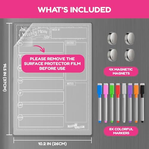 CHALKY CROWN Acrylic Magnetic Weekly Planner for Fridge - Menu Board for Kitchen with 8 Magnetic Markers - Weekly Meal Planner for Fridge with Grocery List & Notepad - Menu Planner (14.5x10.2) - Image 5