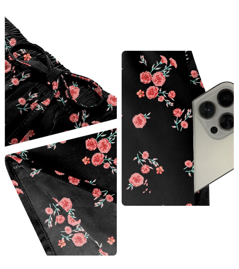 Yincro Women Flowy Maxi Skirt Summer Pleated High Waisted Casual Long Skirts with Pockets (Pink Flower Black, L) - Image 4