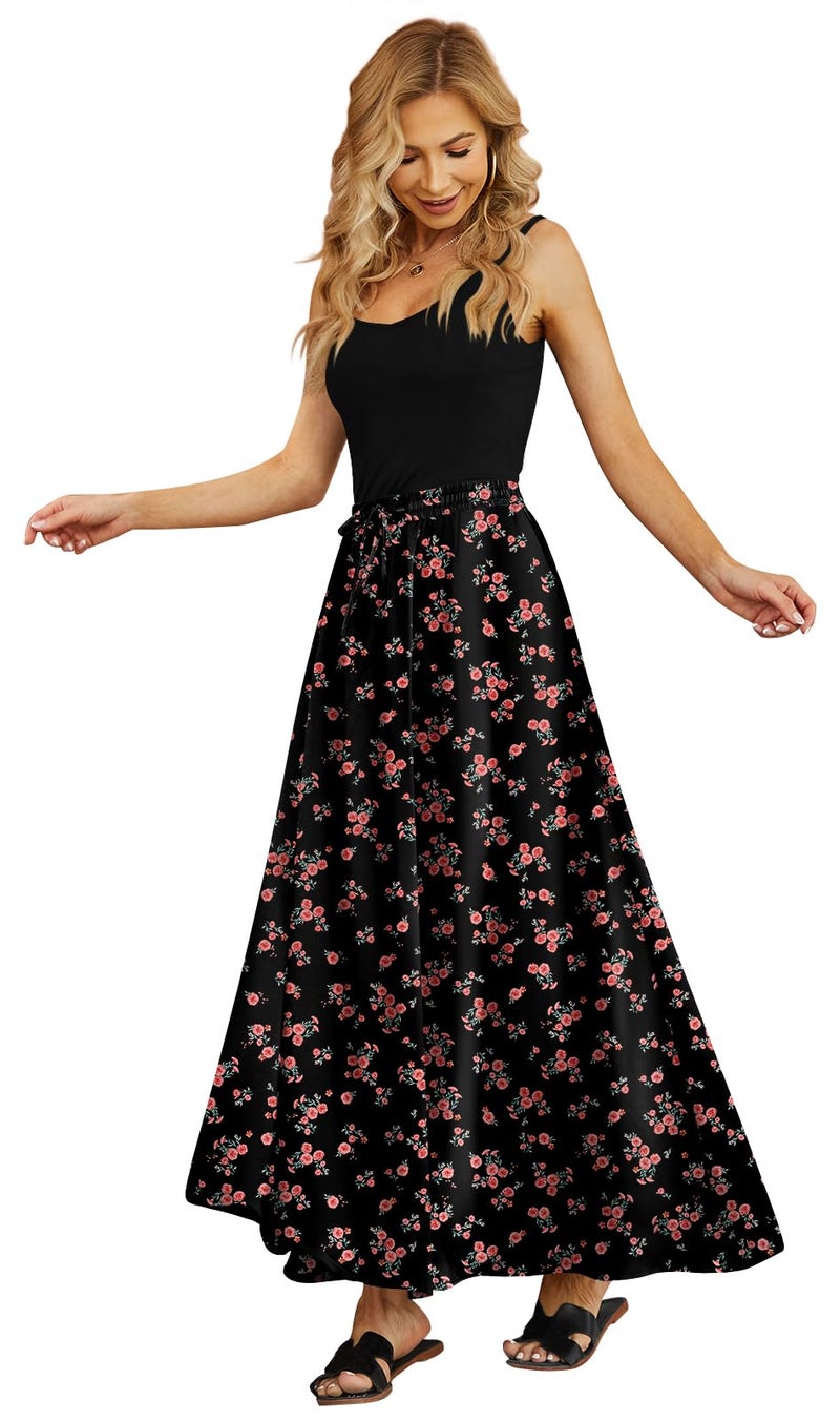 Yincro Women Flowy Maxi Skirt Summer Pleated High Waisted Casual Long Skirts with Pockets (Pink Flower Black, L) - Image 2