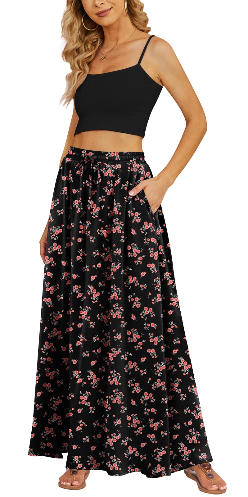 Yincro Women Flowy Maxi Skirt Summer Pleated High Waisted Casual Long Skirts with Pockets (Pink Flower Black, L) - Image 5