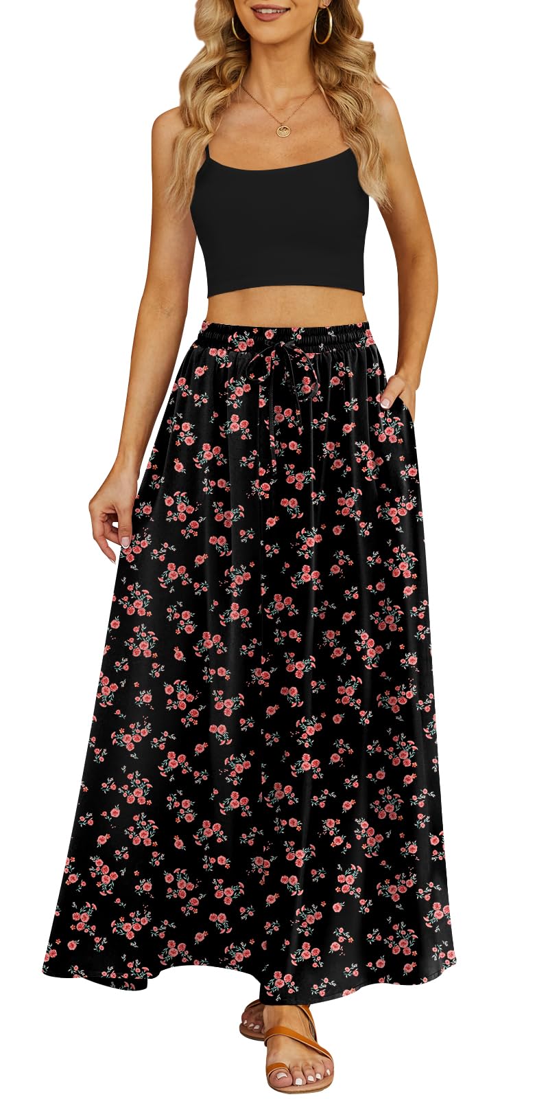 Yincro Women Flowy Maxi Skirt Summer Pleated High Waisted Casual Long Skirts with Pockets (Pink Flower Black, L) - Image 3