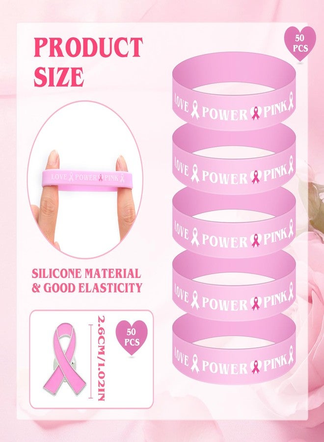 JMUQ 100 Pcs Breast Cancer Awareness Accessories Breast Cancer Bracelets Set with 50Bracelets 50Pink Pins for Party Charity Public Social Event - Image 2