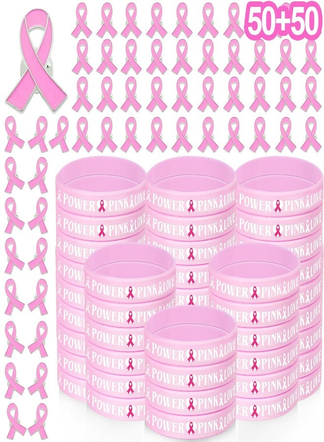 JMUQ 100 Pcs Breast Cancer Awareness Accessories Breast Cancer Bracelets Set with 50Bracelets 50Pink Pins for Party Charity Public Social Event - Image 1