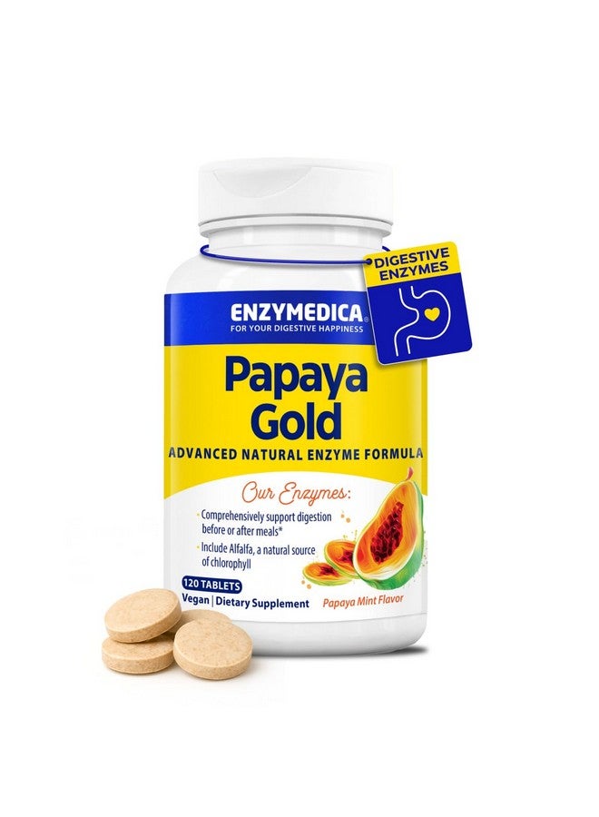 ENZYMEDICA Enzymedica Papaya Gold, Advanced Digestive Enzymes with Natural Organic Papaya & Chlorophyll for Comprehensive Digestion Support, High Potency Bromelain & Papain, Vegan, Mint, 120 Chewable Tablets - Image 1