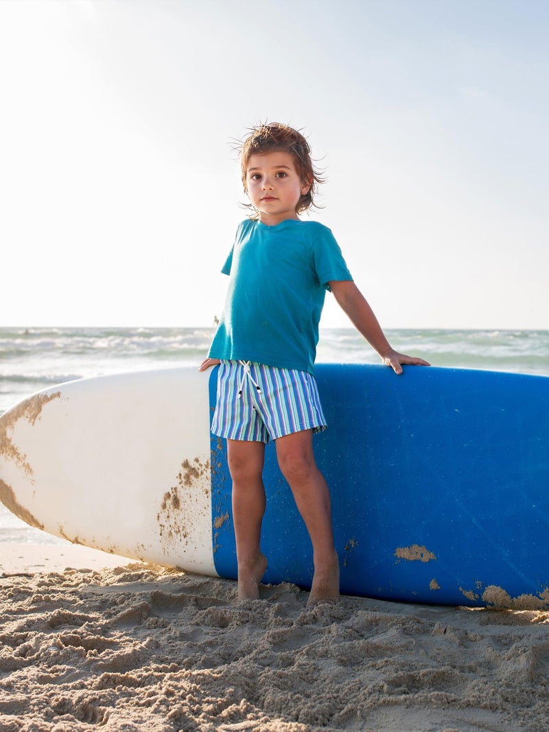 SURF CUZ Boys Swim Trunks with Boxer Brief Liner 2 in 1 Toddler Stretch Swimsuit Shorts Quick Dry Swimming Bathing Suit Blue Orange Stripes 10/12 - Image 2