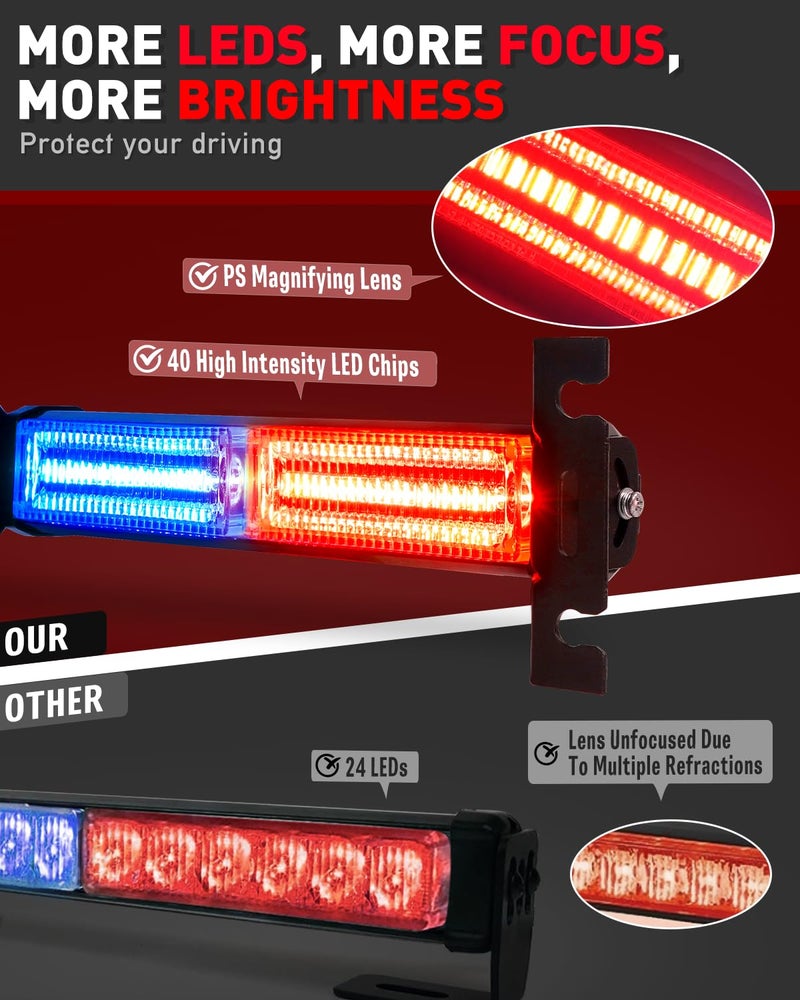 شريط ضوء مستشار المرور HLauto 1002L في حالات الطوارئ: 40 LED تحذير للسلامة وامض ضوء أمامي/خلفي للزجاج الأمامي لمركبة البناء شاحنة السحب/المحراث (2 × 10.7 بوصة أحمر أزرق) - Image 2
