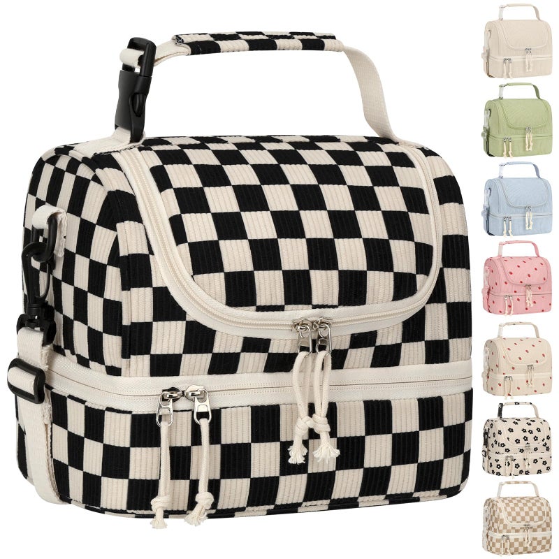 Vankor Kids Lunch Box Lunch Bag, Corduroy Double Decker Cooler Insulated Lunch Bag for Girls Boys, Leak-Proof Adjustable Strap Large Lunch Tote for School Travel, Corduroy Black Checkered - Image 1